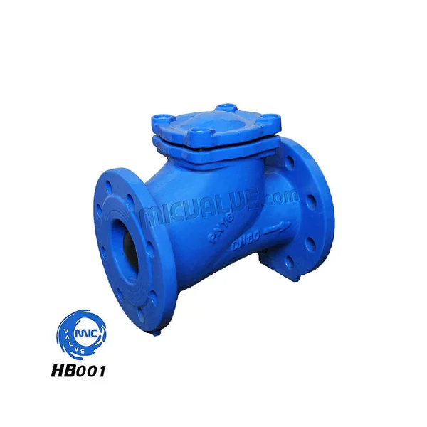 HB001 DIN cast iron ball type check valve with flanged connections and flow arrow marking