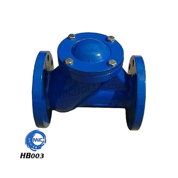 HB003 cast iron ball type check valve with flanged connections, showing the floating ball and flange faces