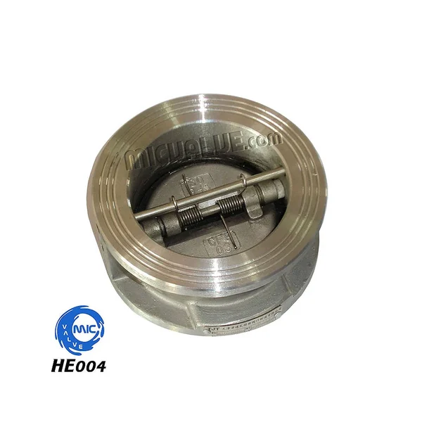 HE004 wafer type dual plate check valve with CF8 body and disc, clamped between pipe flanges