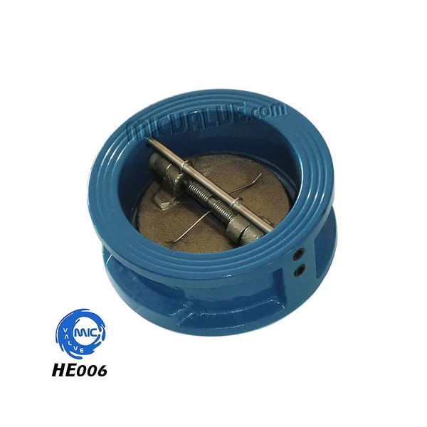 HE006 wafer type check valve with spring-loaded disc and grey body, shown clamped between two pipe flanges