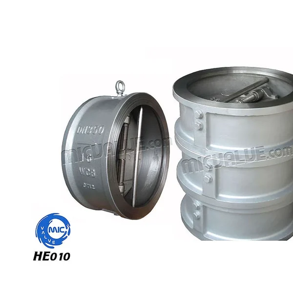 HE010 wafer type dual plate check valve with WCB body and spring-assisted closure, clamped between pipe flanges
