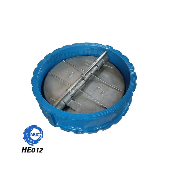 HE012 DN800 wafer type check valve with dual plate disc and CF8 disc, shown clamped between two pipe flanges