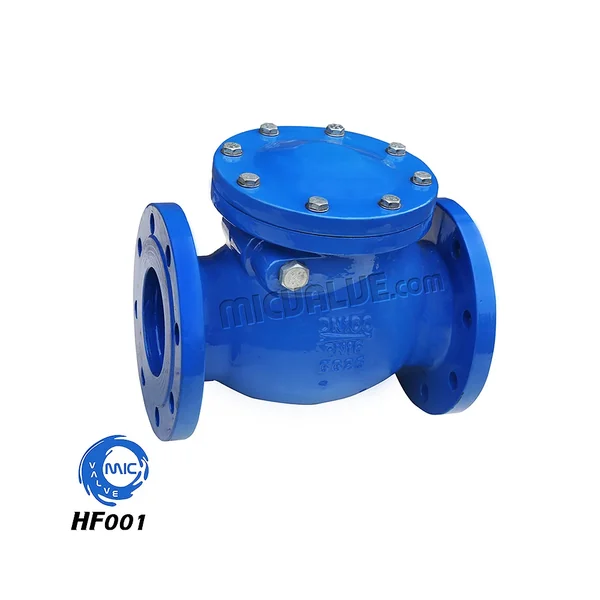 HF001 flanged swing check valve with PN16 rating, flanged ends, and swing disc in open position