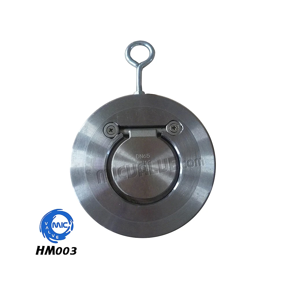 HM003 wafer type single disc check valve with CF8 body and spring-loaded disc, shown clamped between two pipe flanges