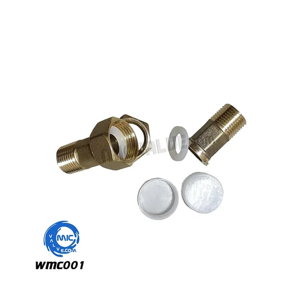WMC001 DN15 uniflow type connector for water meter, showing threaded interface and flow direction arrow