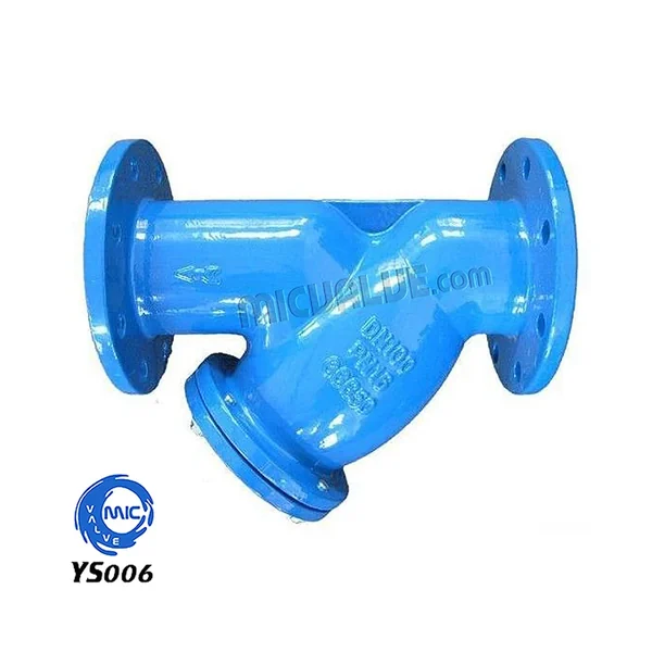 YS006 Y type strainer with cast iron body and SS304 mesh filter, installed in a pipeline with access port facing up