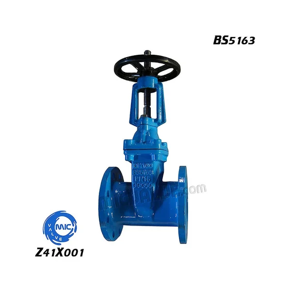 Z41X001 OS&Y resilient seated gate valve with visible stem and handwheel, flanged ends, and BS5163 standard