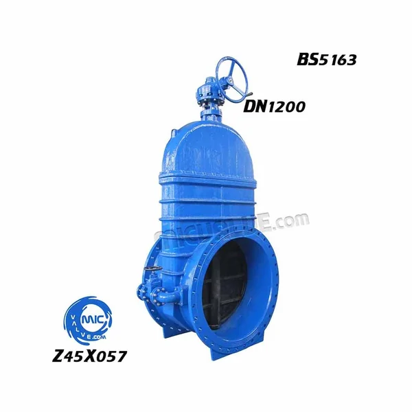 Z45X057 DN1200 non-rising stem resilient seated gate valve with by-pass valve, showing handwheel and flanged connections