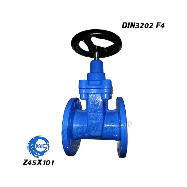 Z45X101 non rising stem resilient seated gate valve with DI body and DIN3202 F4 seat, shown with handwheel and flanged ends
