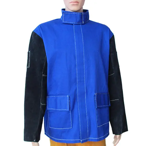 MS-319-Schweißerjacke mit blauem FR-Baumwollkörper und schwarzen Ledereinsätzen