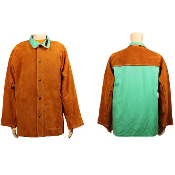 Braune MS-285-Schweißerjacke aus geteiltem Rindsleder mit grüner Rückseite aus FR-Baumwolle