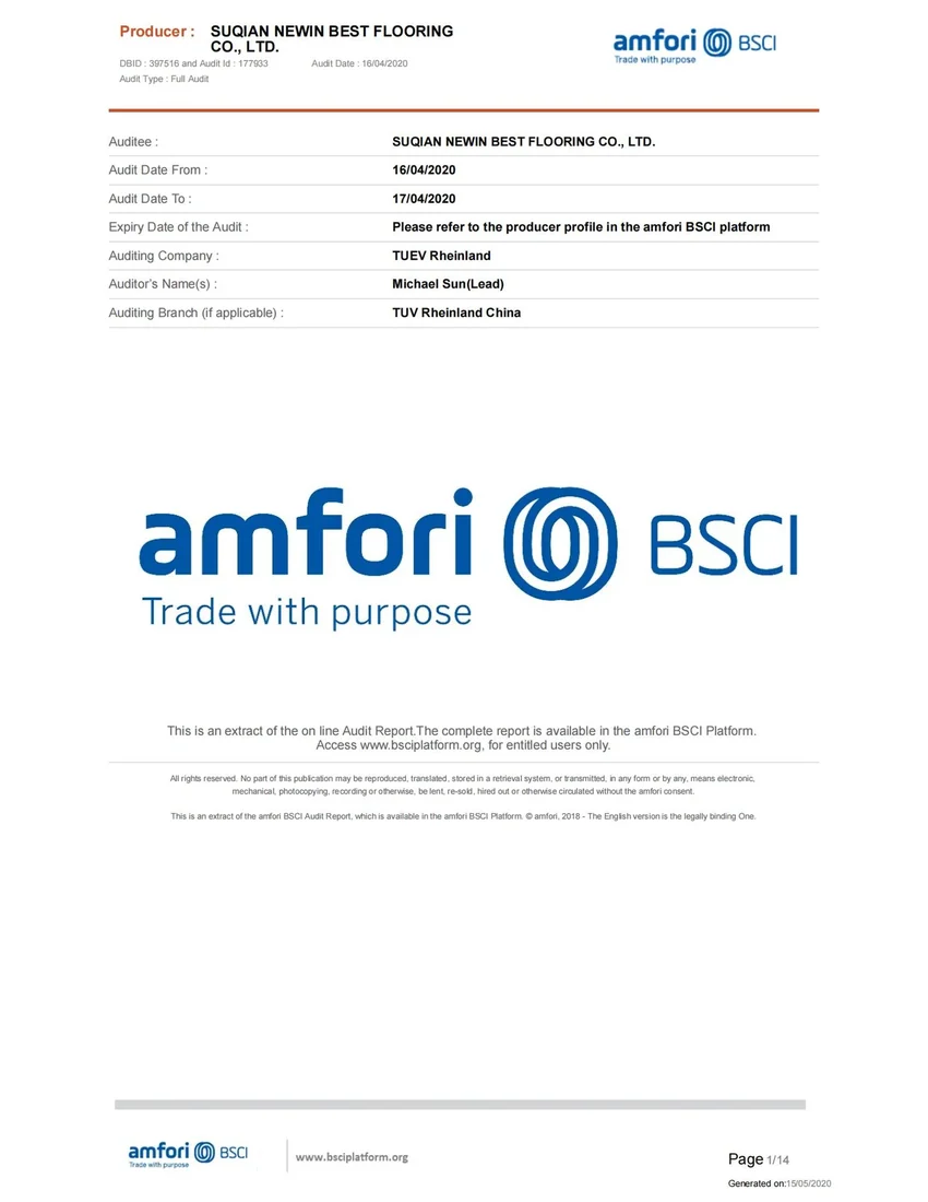 BSCI audit certificate page 1