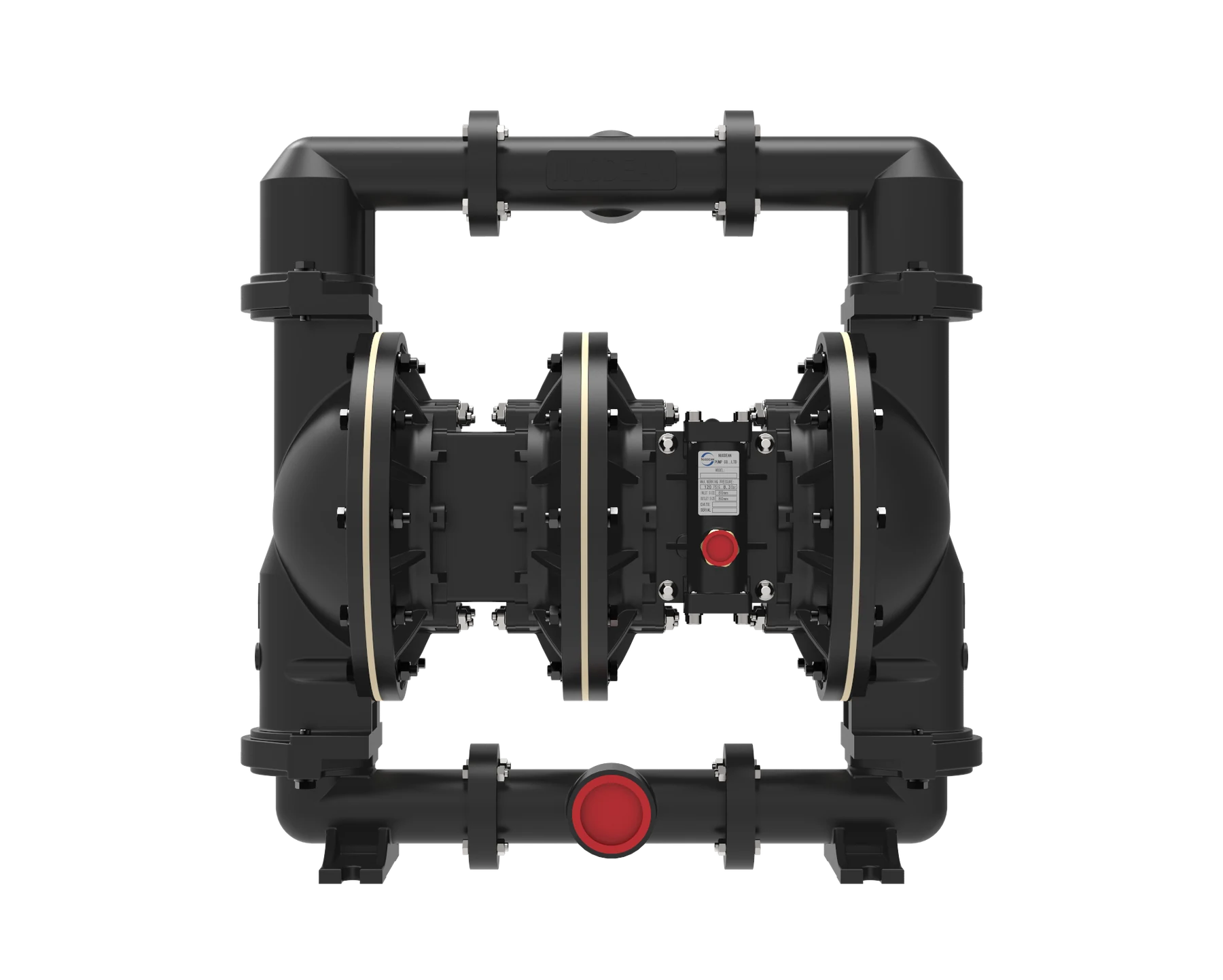 赤い中央コンポーネントを備えた黒い工業用ダブル ダイヤフラム ポンプの正面図。