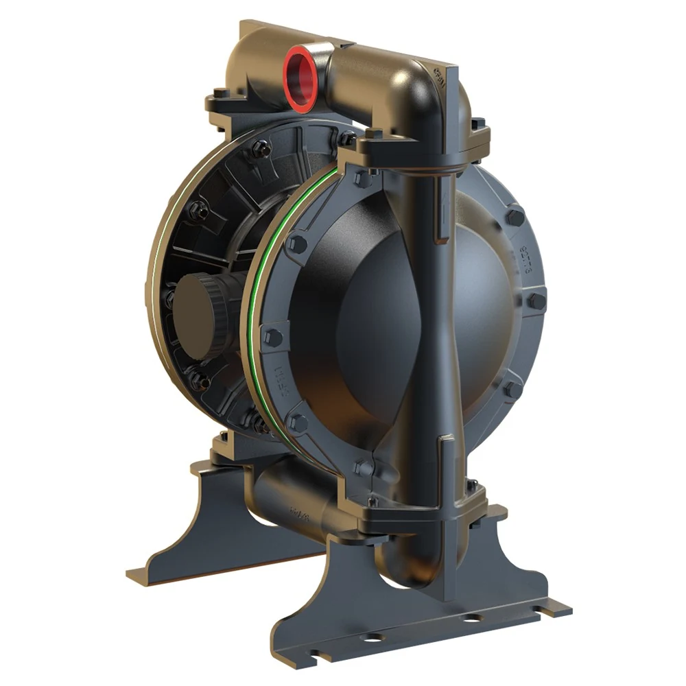 3D render of an industrial diaphragm pump with black and gold components on a white background