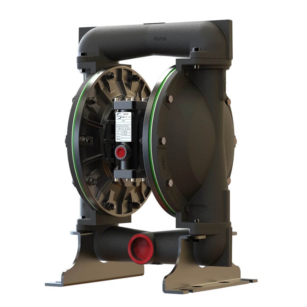 Industrial double diaphragm pump with black housing and green accents on a white background