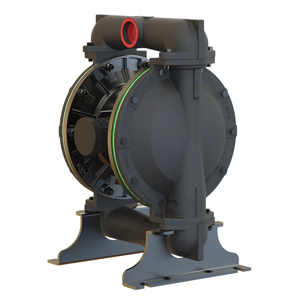 3D render of a black industrial diaphragm pump with red port and mounting feet
