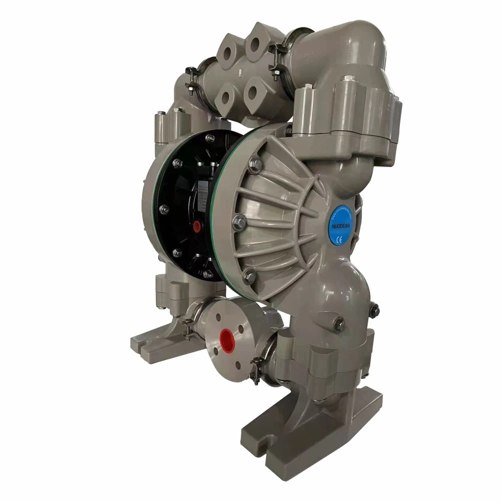 Grey industrial diaphragm pump with flanged ports and black center section on white background