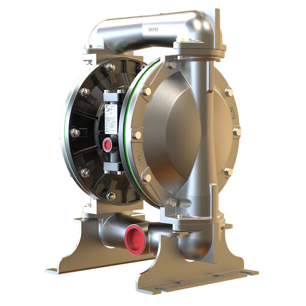 Stainless steel industrial diaphragm pump with black center section and red ports on white background