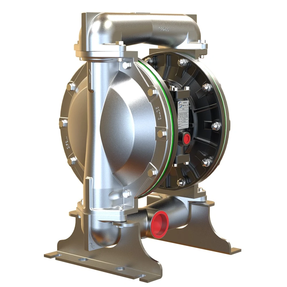 3D render of a silver and black industrial double diaphragm pump with red caps on a white background.