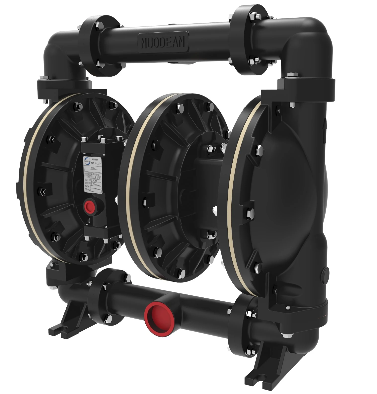 Black industrial double diaphragm pump with three chambers and red port covers on a white background.