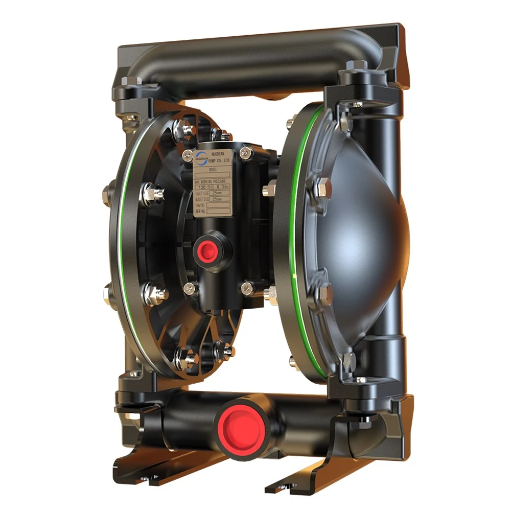 Industrial double diaphragm pump with black housing and red caps on a white background