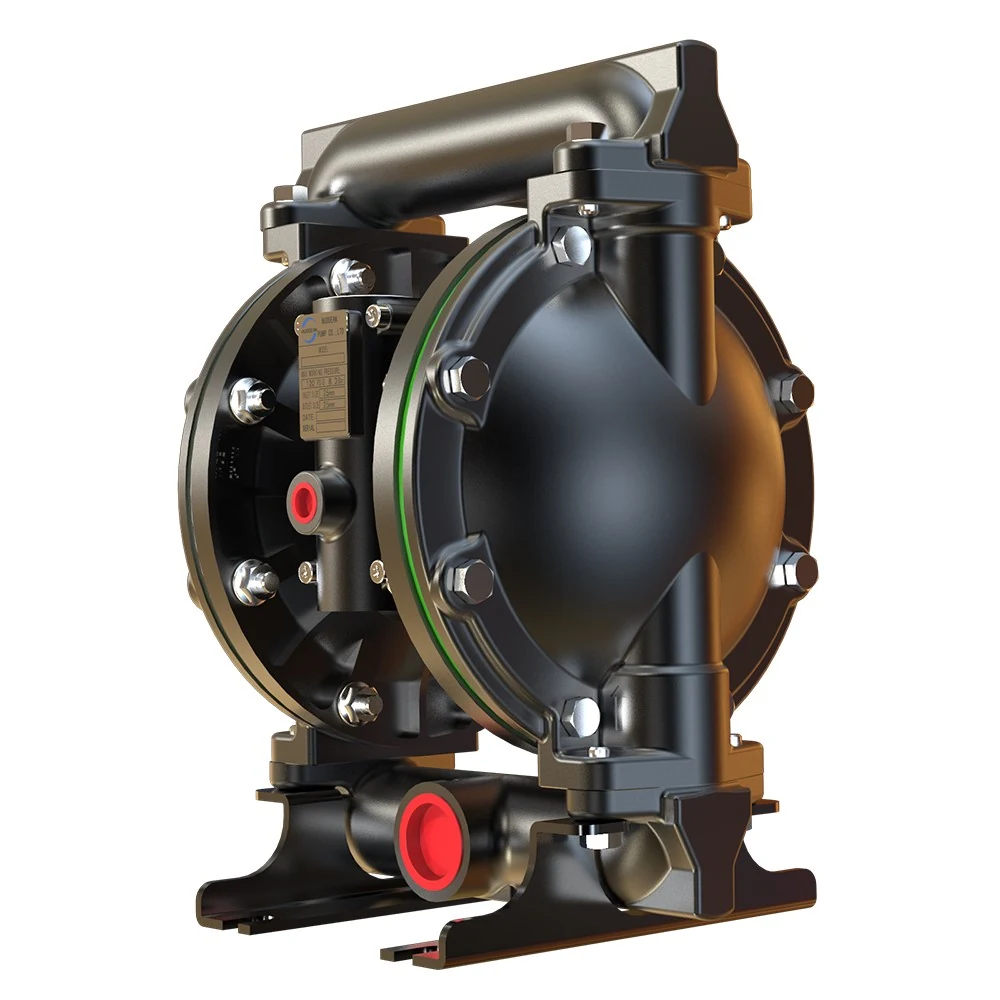 Black industrial pneumatic double diaphragm pump with red port caps and metal mounting base