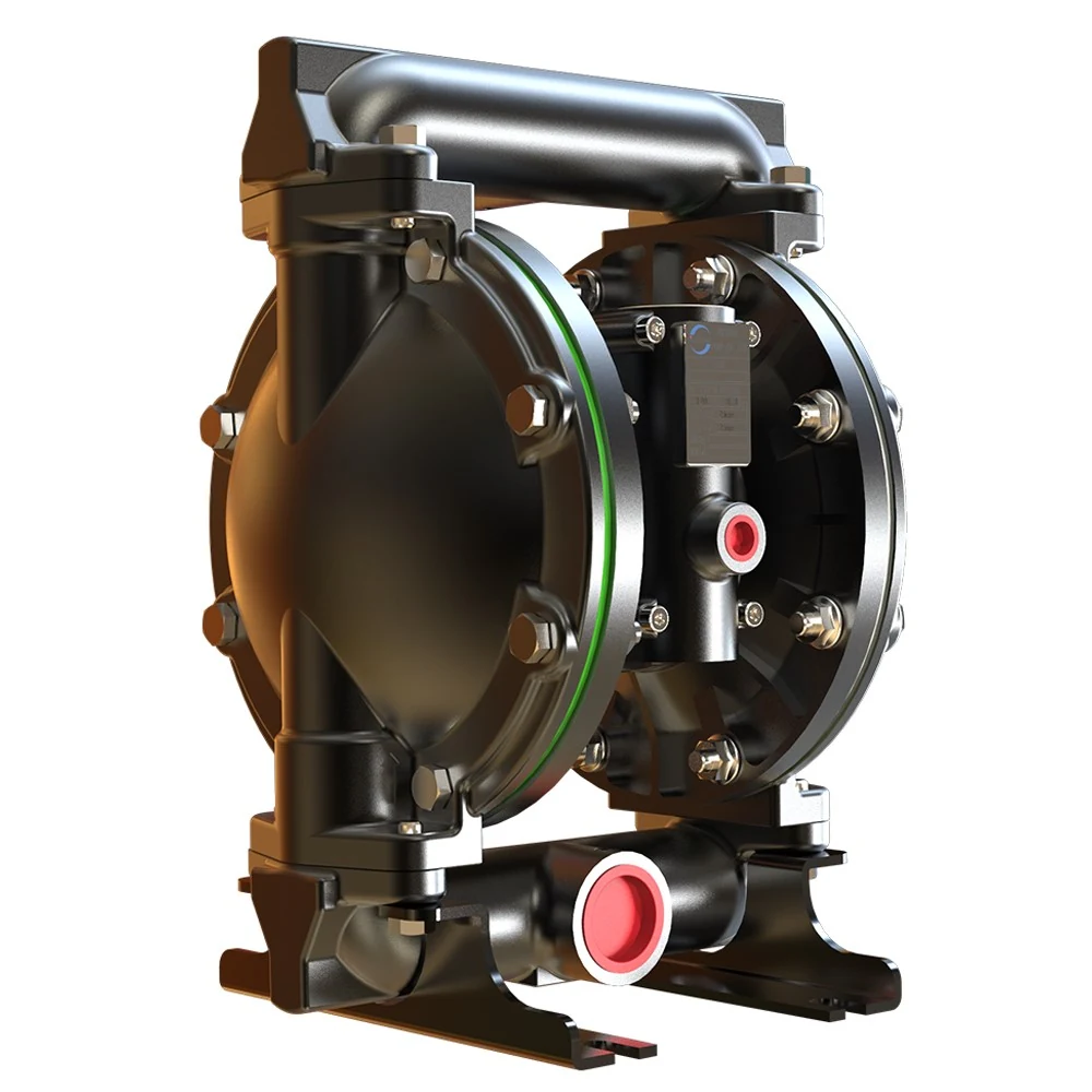 3D render of a black industrial diaphragm pump with red port caps on a white background