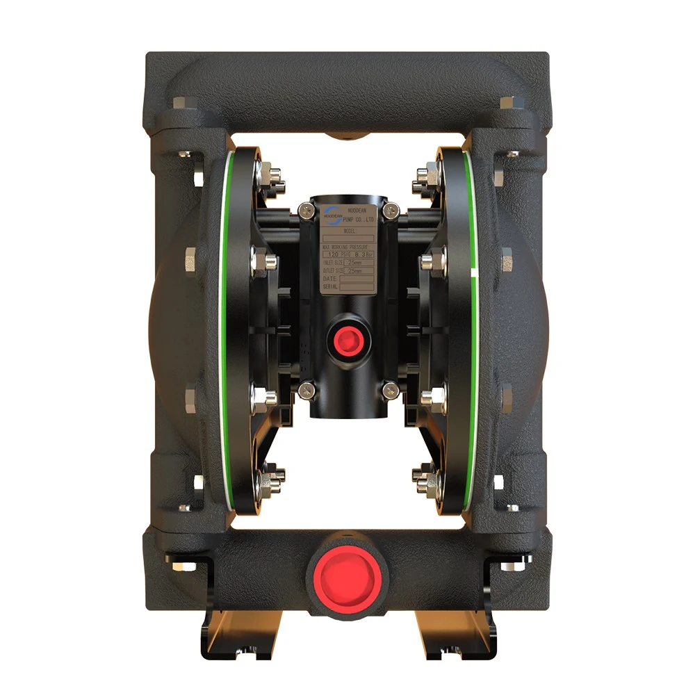 Front view of a black industrial double diaphragm pump with green trim and red port caps