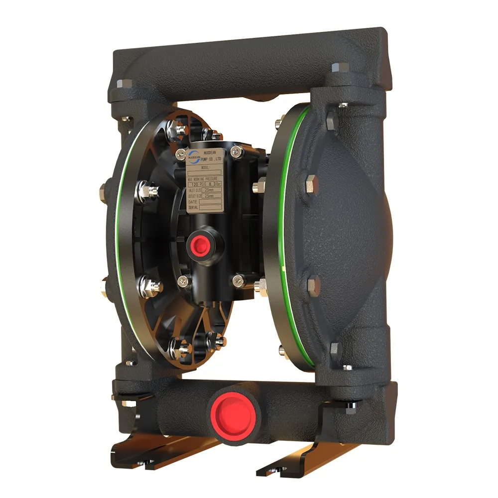 Industrial air operated double diaphragm pump with black housing and red caps.