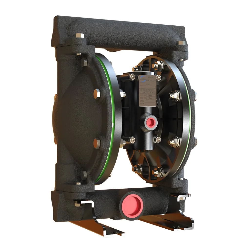 Industrial double diaphragm pump with black housing and red port caps on a white background