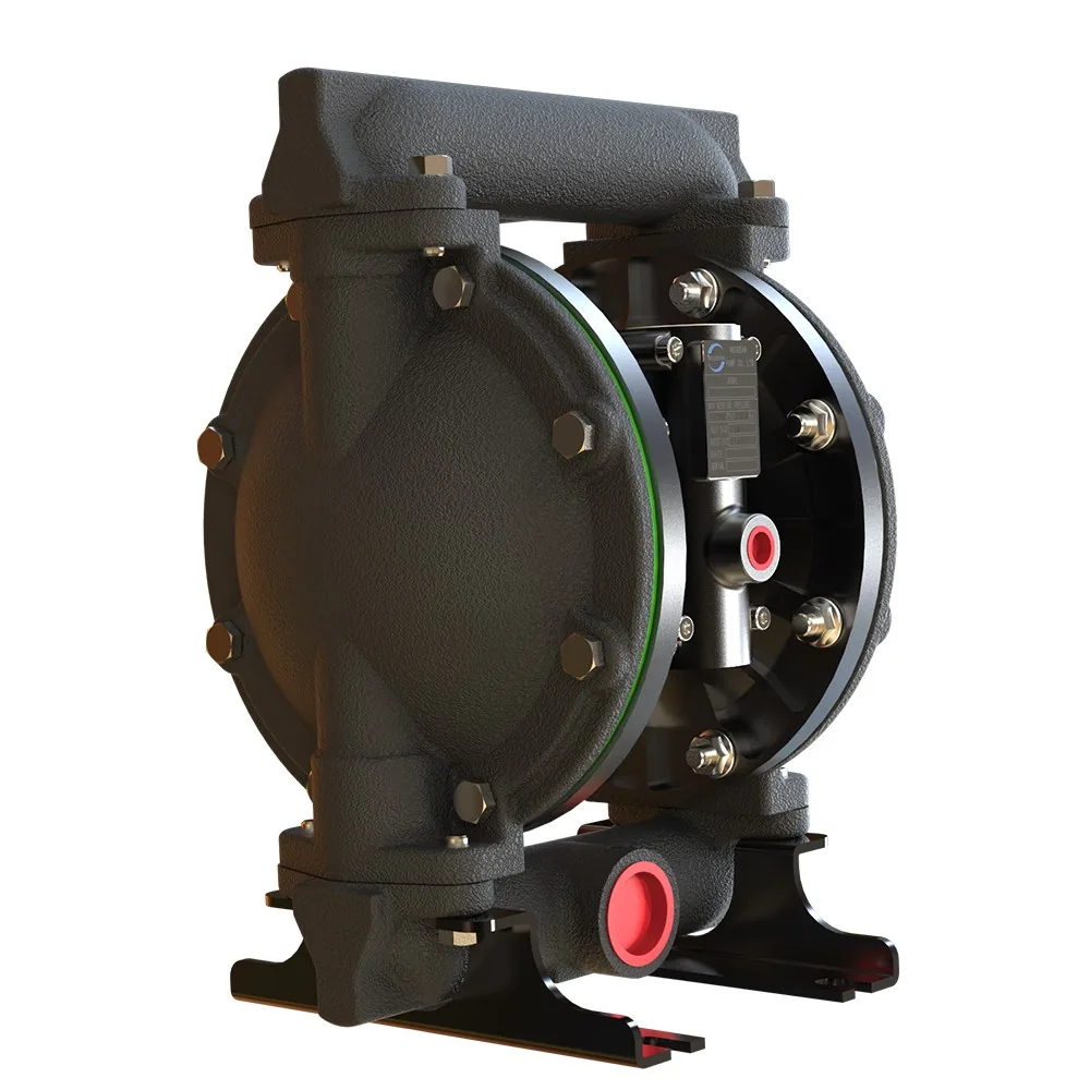 3D render of a black industrial double diaphragm pump with red ports on a white background