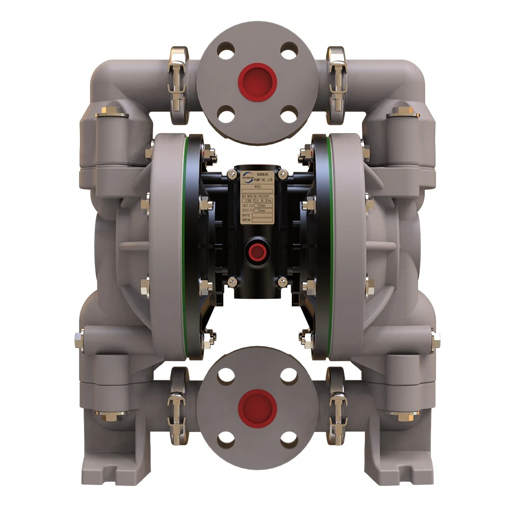 Front view of a gray industrial double diaphragm pump with flanged ports and a black center block.