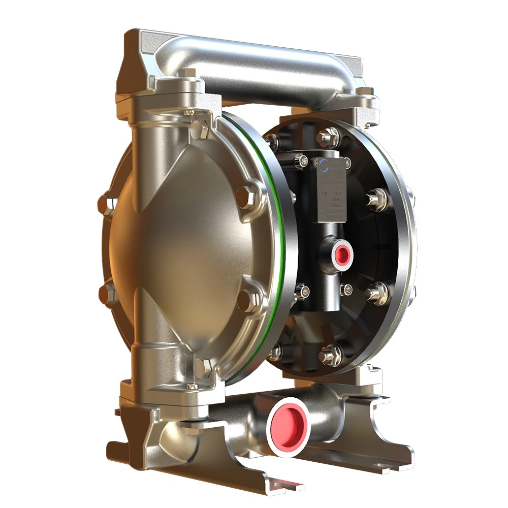 Industrial stainless steel pneumatic double diaphragm pump with red port caps on a white background