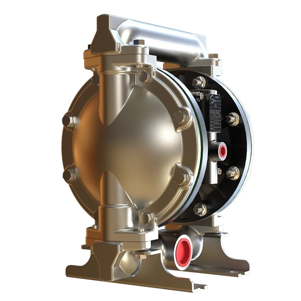 Stainless steel industrial diaphragm pump with red port covers on a white background