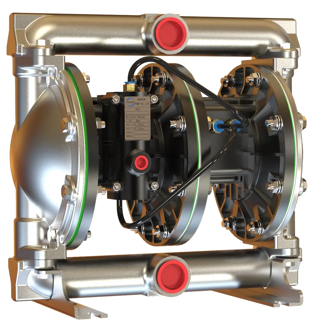Stainless steel pneumatic double diaphragm pump with red port caps and black center block