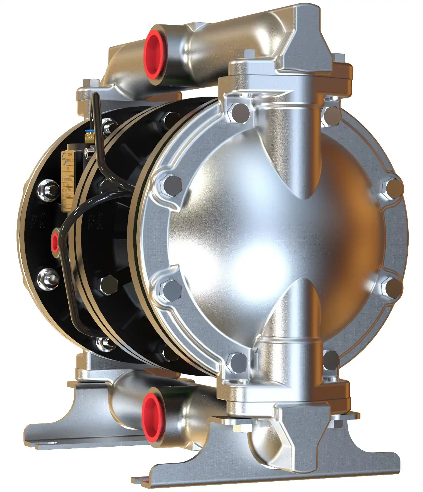 3D render of a metallic double diaphragm pump with red port caps on a white background