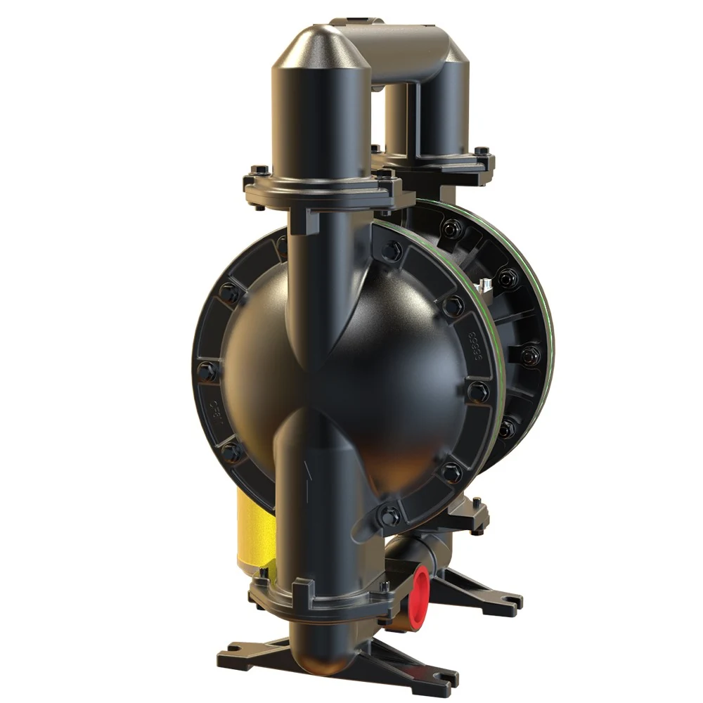 Industrial diaphragm pump with black housing and mounting base on white background