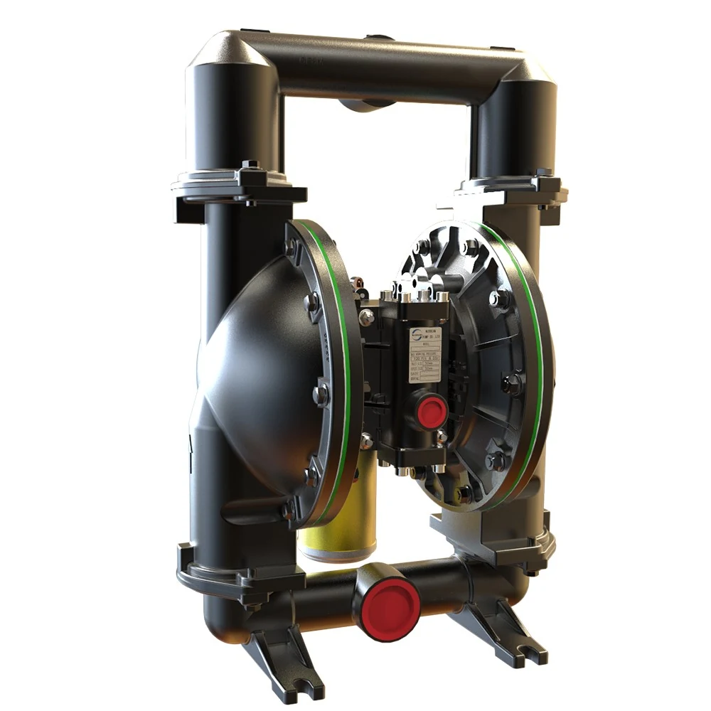 Industrial air-operated double diaphragm pump with black manifold and green ring accents on white background