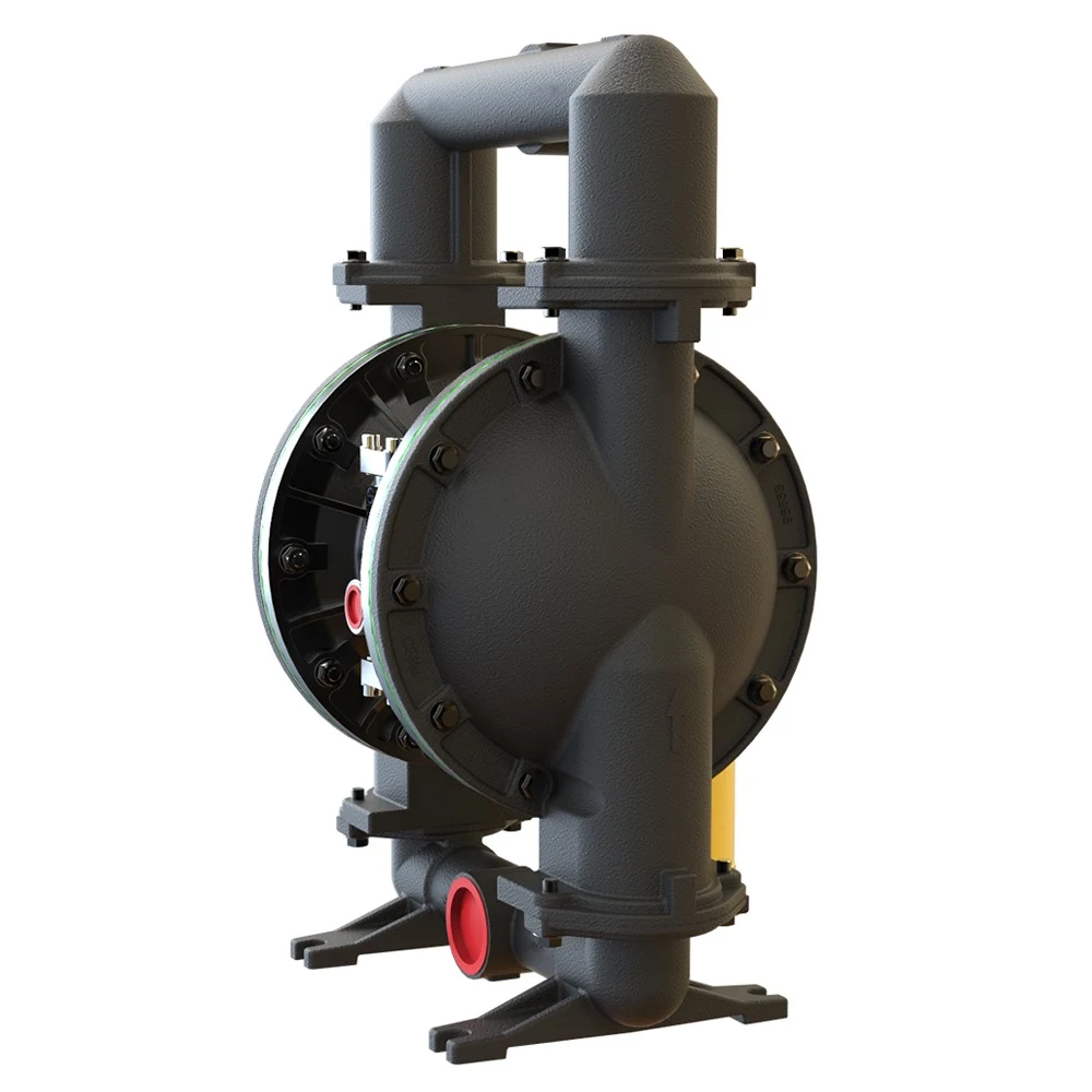 A 3D render of a dark gray industrial diaphragm pump with red fittings on a white background.