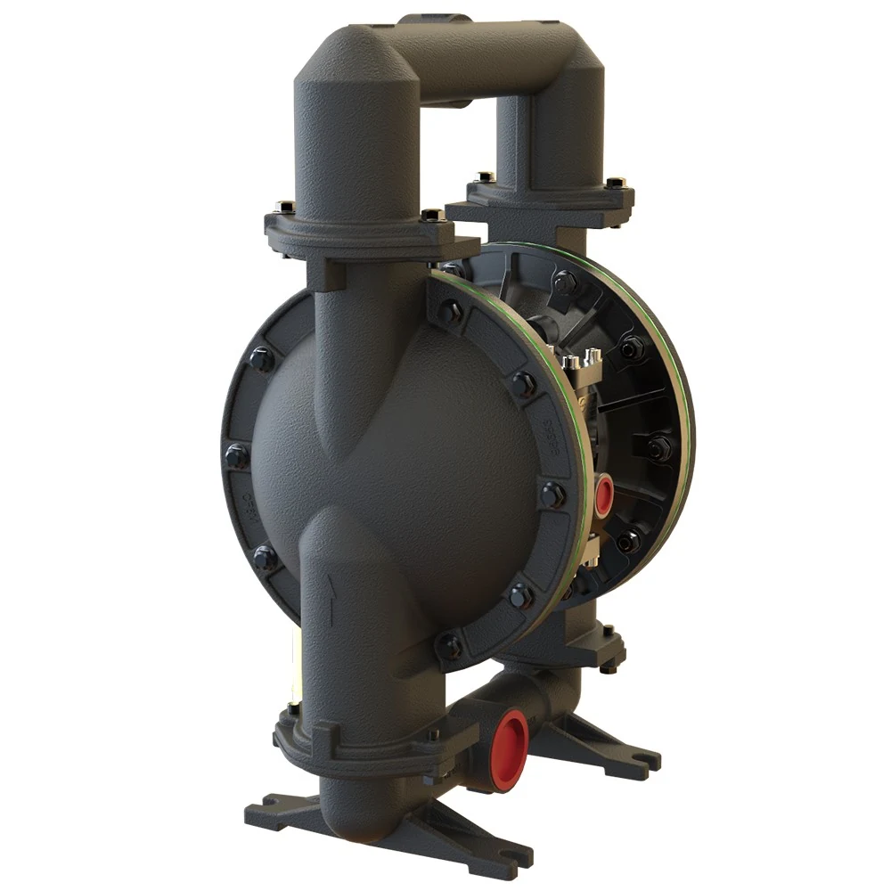 Industrial double diaphragm pump with black housing and red port caps