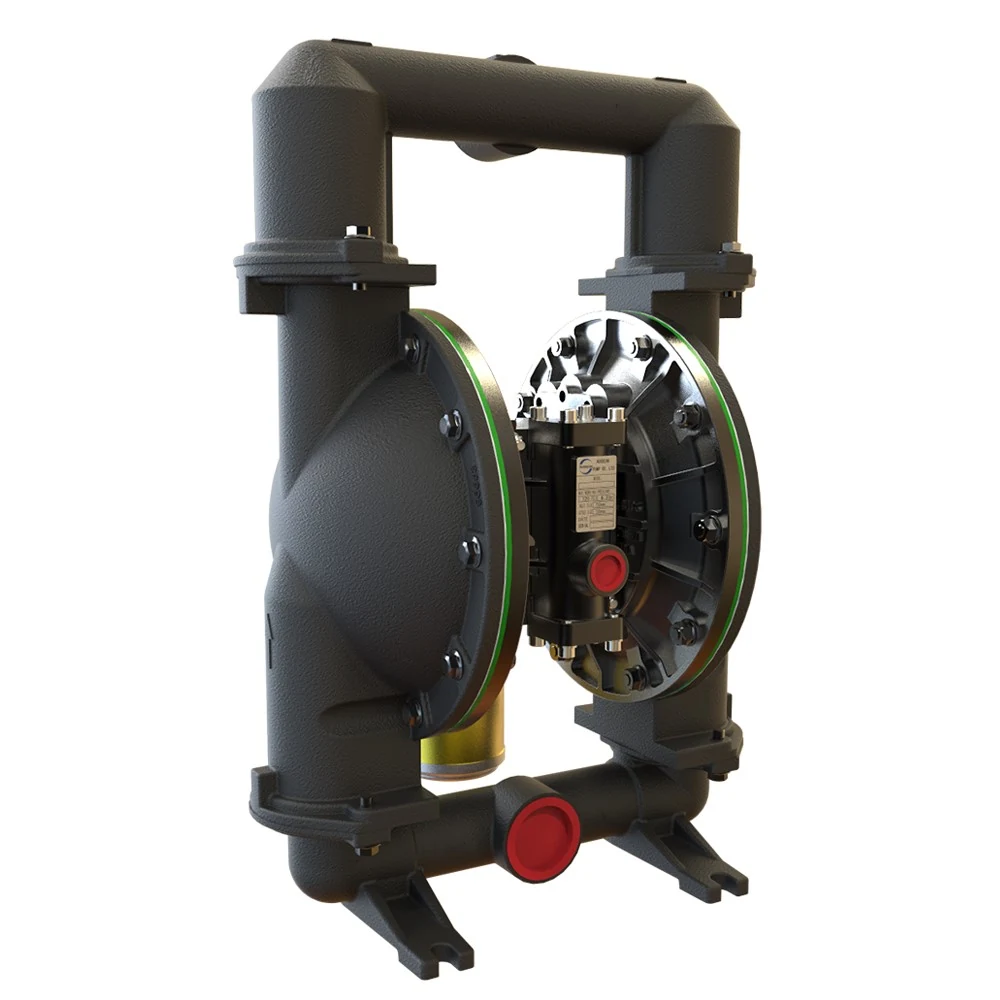 3D render of an industrial double diaphragm pump with black housing and green accents