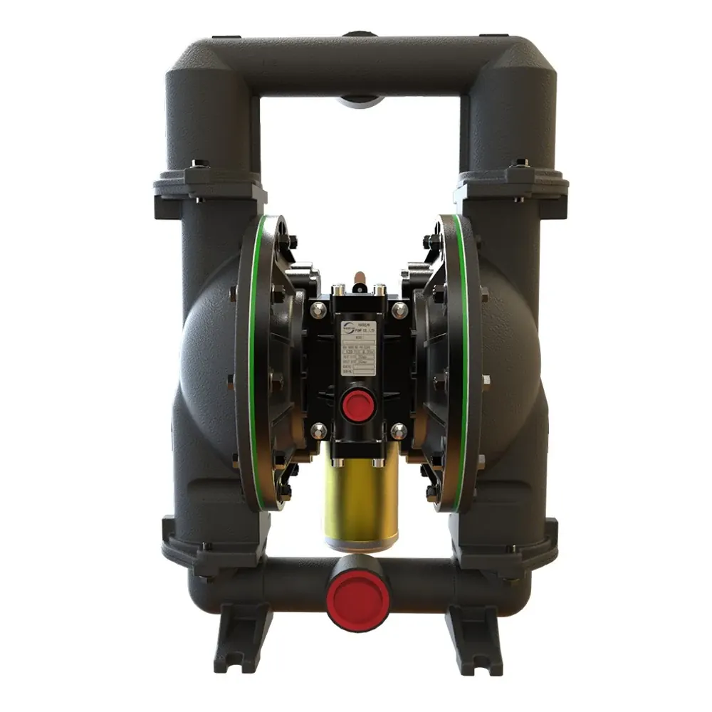 Front view of a symmetrical industrial double diaphragm pump with a black manifold and a central gold filter.