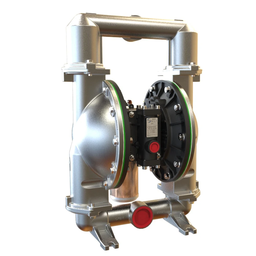 3D render of a silver metallic double diaphragm pump with red port caps and green seals
