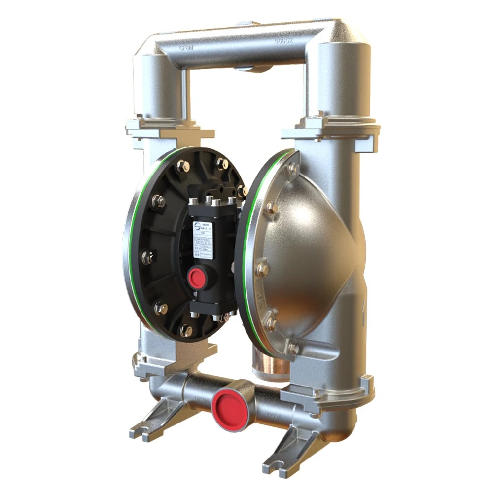 Stainless steel double diaphragm pump with black center body and red caps