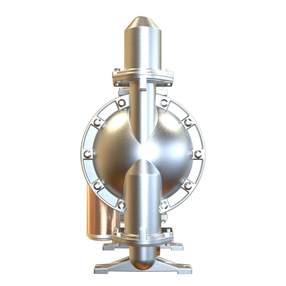 A stainless steel double diaphragm pump rendered against a white background