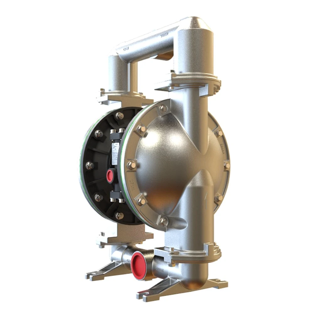 Metallic double diaphragm pump with red port caps on a white background