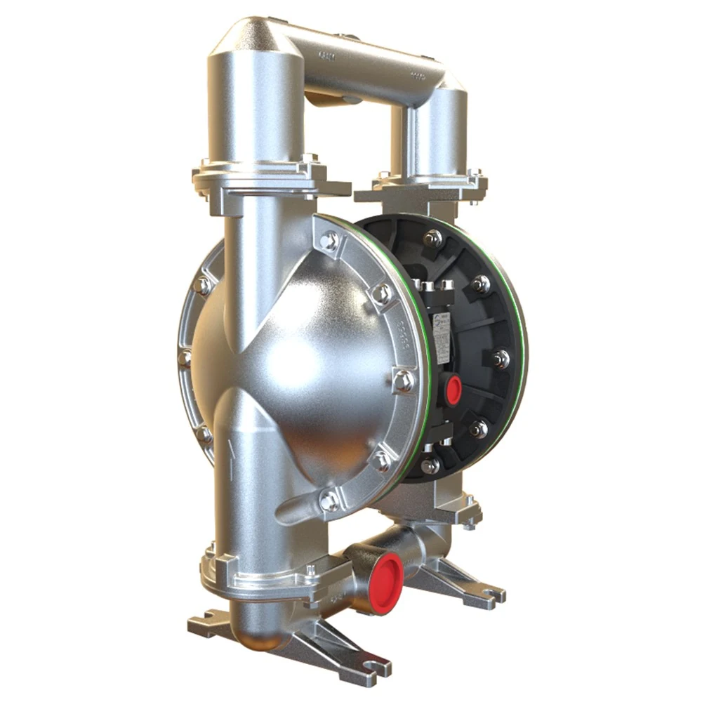 Silver metallic industrial pump with a black rear housing and red caps on a white background