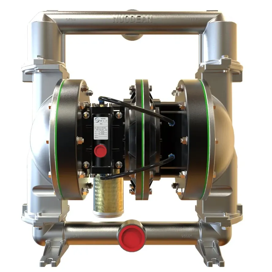 Front view of a stainless steel double diaphragm pump with green gaskets and a red center button.