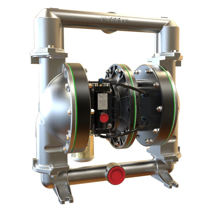Stainless steel double diaphragm pump with green gaskets and red port caps