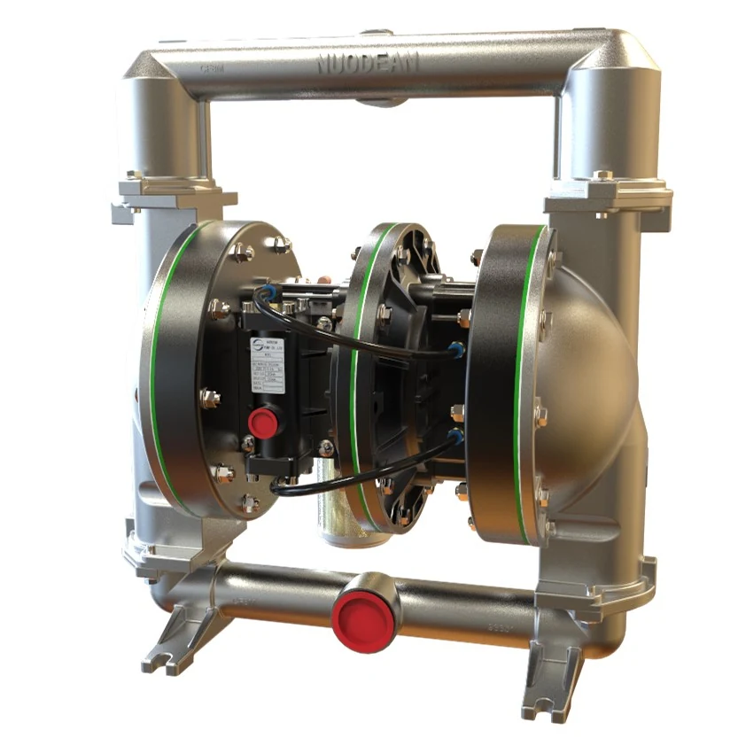 Industrial stainless steel pneumatic double diaphragm pump with red caps and green seals